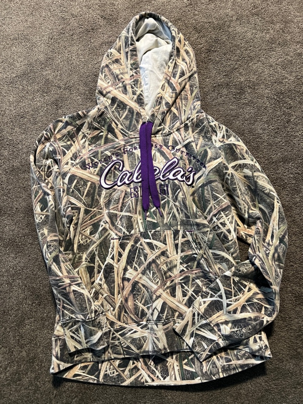 Cabela's Camo Hoodie with Purple Drawstrings